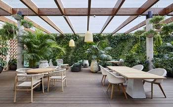 Bamboo decking at the Hotel 1882 rooftop in Barcelona