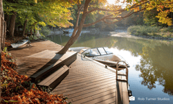 A creatively designed Bamboo X-treme dock on the edge of a lake